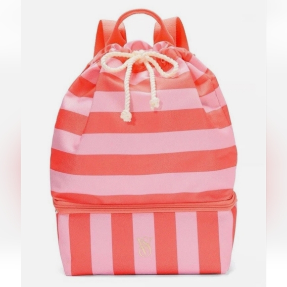 Victoria's Secret Handbags - Victoria's Secret Pink & Coral Striped  Beach Bag Backpack Cooler New